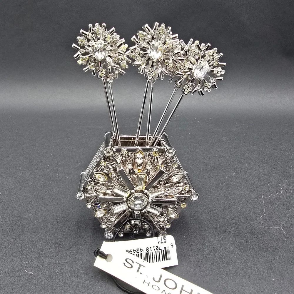 St. John Home Crystal Snowflake Cocktail Pick Set with Holder Silver Tone New